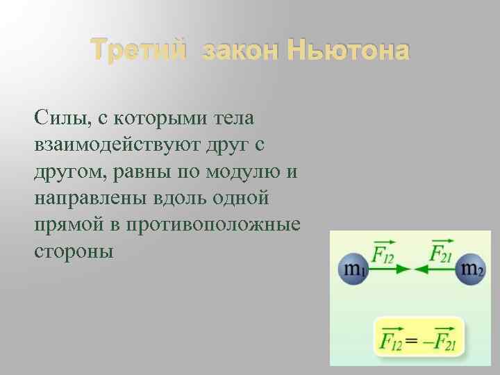 Третий закон Ньютона Силы, с которыми тела взаимодействуют друг с другом, равны по модулю