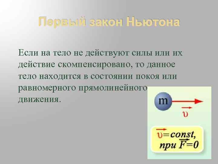 Первый закон Ньютона Если на тело не действуют силы или их действие скомпенсировано, то