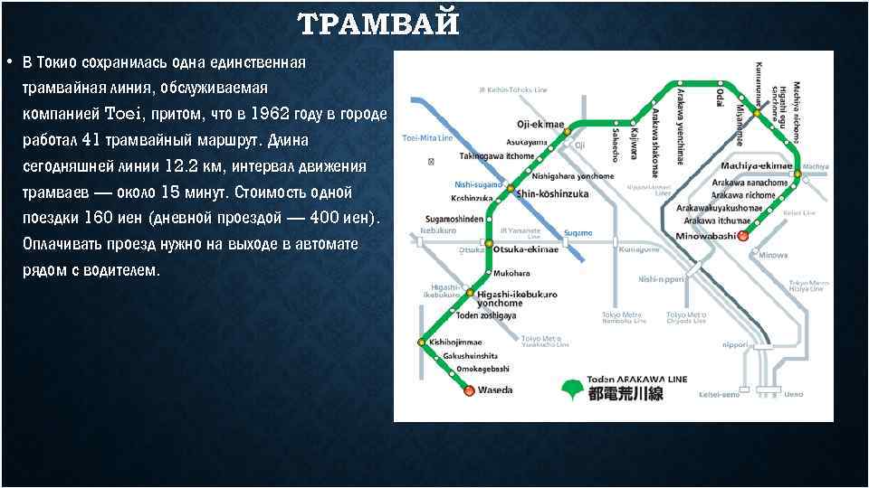 ТРАМВАЙ • В Токио сохранилась одна единственная трамвайная линия, обслуживаемая компанией Toei, притом, что