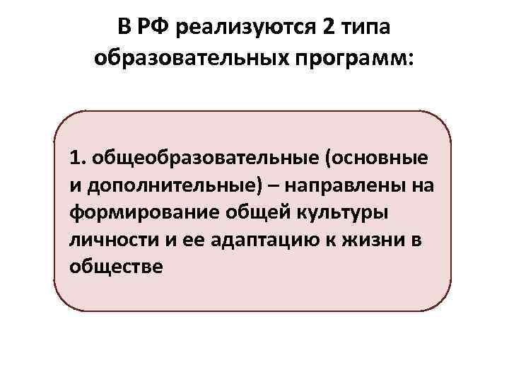 В РФ реализуются 2 типа образовательных программ: 1. общеобразовательные (основные и дополнительные) – направлены