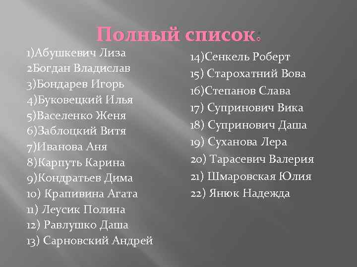 Полный список: 1)Абушкевич Лиза 2 Богдан Владислав 3)Бондарев Игорь 4)Буковецкий Илья 5)Васеленко Женя 6)Заблоцкий