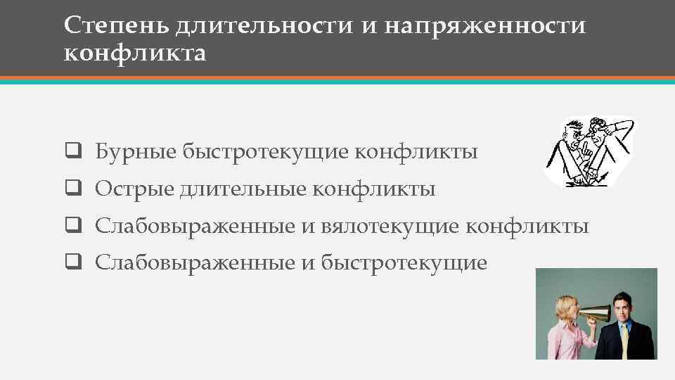 Степень длительности и напряженности конфликта q Бурные быстротекущие конфликты q Острые длительные конфликты q