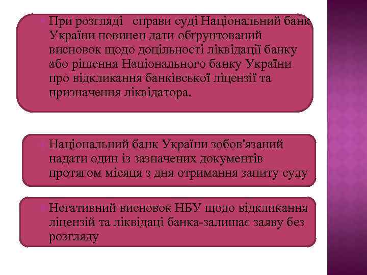  При розгляді справи суді Національний банк України повинен дати обґрунтований висновок щодо доцільності