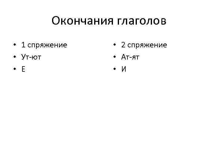 Окончания глаголов • 1 спряжение • Ут-ют • Е • 2 спряжение • Ат-ят