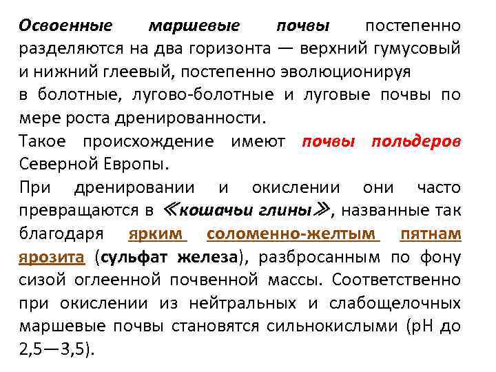 Освоенные маршевые почвы постепенно разделяются на два горизонта — верхний гумусовый и нижний глеевый,