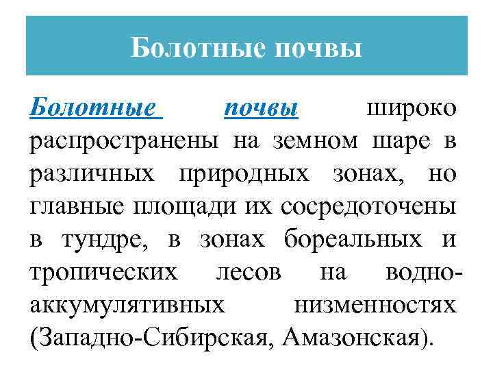 Болотные почвы широко распространены на земном шаре в различных природных зонах, но главные площади
