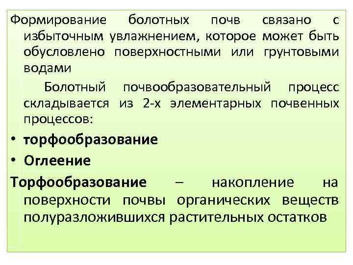 Формирование болотных почв связано с избыточным увлажнением, которое может быть обусловлено поверхностными или грунтовыми