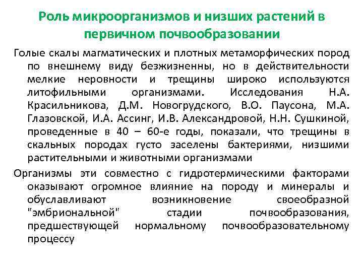 Роль микроорганизмов и низших растений в первичном почвообразовании Голые скалы магматических и плотных метаморфических