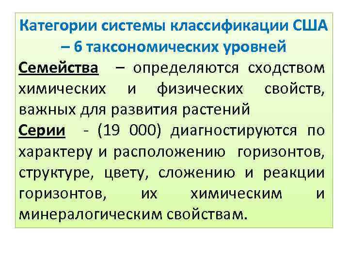 Категории системы классификации США – 6 таксономических уровней Семейства – определяются сходством химических и