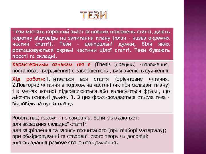 Тези містять короткий зміст основних положень статті, дають коротку відповідь на запитання плану (план