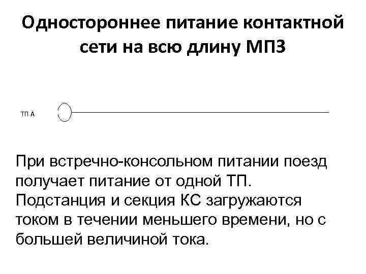 Одностороннее питание контактной сети на всю длину МПЗ ТП А При встречно-консольном питании поезд