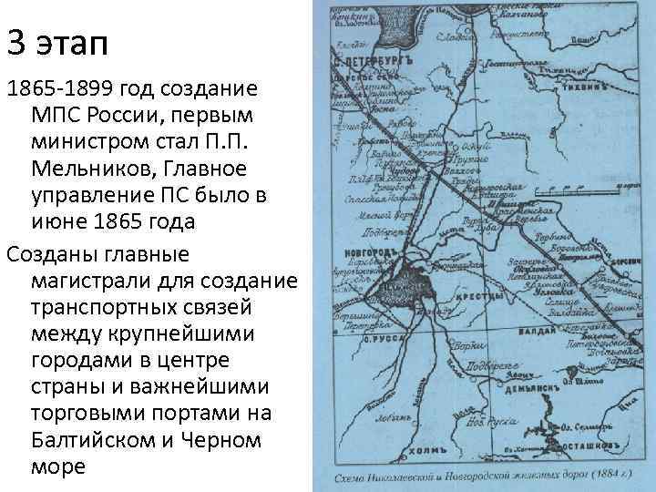 3 этап 1865 -1899 год создание МПС России, первым министром стал П. П. Мельников,