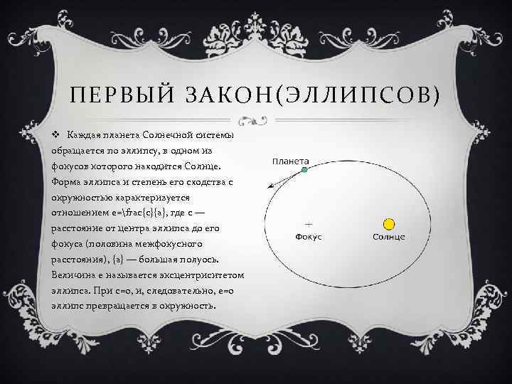 ПЕРВЫЙ ЗАКОН(ЭЛЛИПСОВ) v Каждая планета Солнечной системы обращается по эллипсу, в одном из фокусов