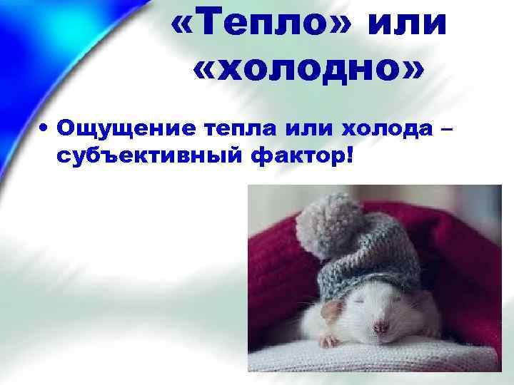  «Тепло» или «холодно» • Ощущение тепла или холода – субъективный фактор! 