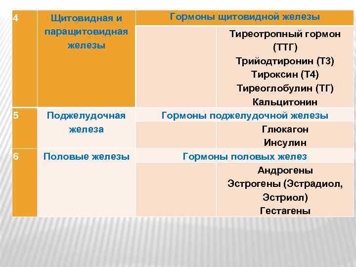 4 Щитовидная и паращитовидная железы 5 Поджелудочная железа 6 Половые железы Гормоны щитовидной железы