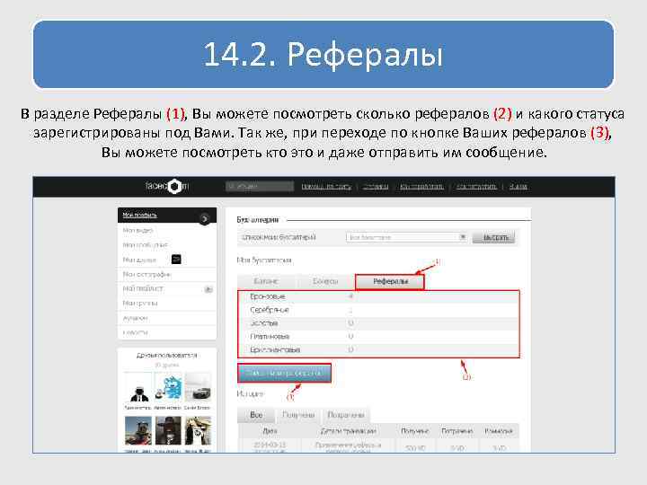 14. 2. Рефералы В разделе Рефералы (1), Вы можете посмотреть сколько рефералов (2) и