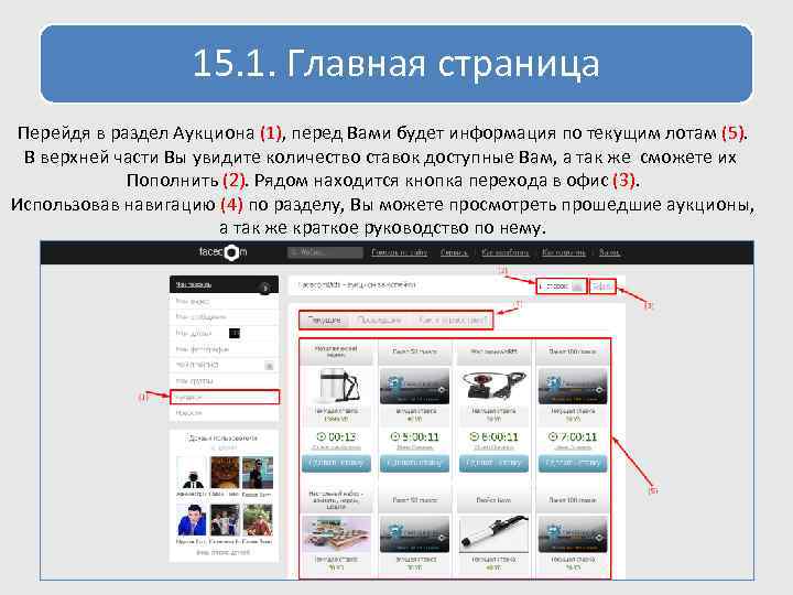 15. 1. Главная страница Перейдя в раздел Аукциона (1), перед Вами будет информация по