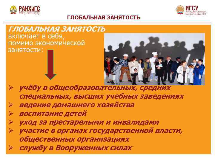 ГЛОБАЛЬНАЯ ЗАНЯТОСТЬ включает в себя, помимо экономической занятости: Ø учёбу в общеобразовательных, средних специальных,