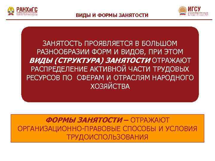 ВИДЫ И ФОРМЫ ЗАНЯТОСТИ ЗАНЯТОСТЬ ПРОЯВЛЯЕТСЯ В БОЛЬШОМ РАЗНООБРАЗИИ ФОРМ И ВИДОВ, ПРИ ЭТОМ