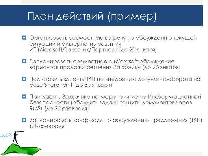 План действий (пример) Организовать совместную встречу по обсуждению текущей ситуации и альтернатив развития ИТ(Microsoft/Заказчик/Партнер)