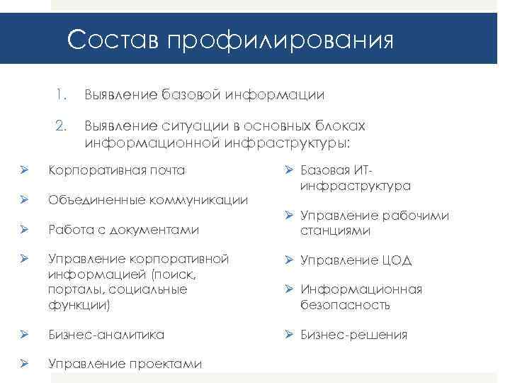 Состав профилирования 1. Выявление базовой информации 2. Выявление ситуации в основных блоках информационной инфраструктуры: