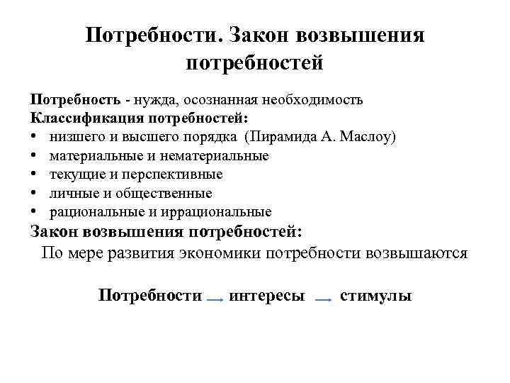 Потребности. Закон возвышения потребностей Потребность - нужда, осознанная необходимость Классификация потребностей: • низшего и