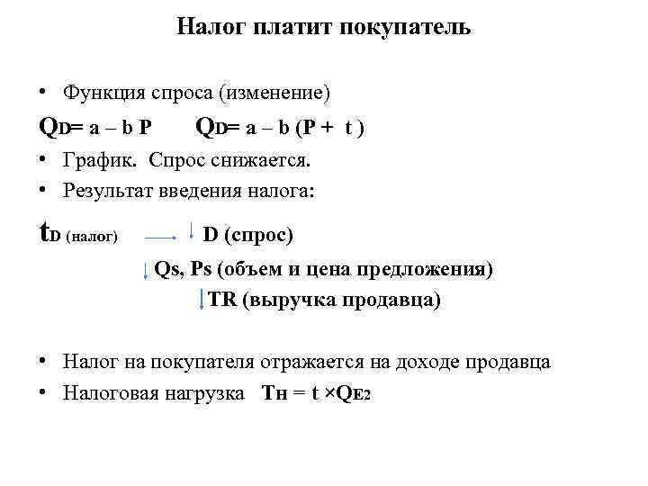 Налог платит покупатель • Функция спроса (изменение) Q D= a – b P QD=