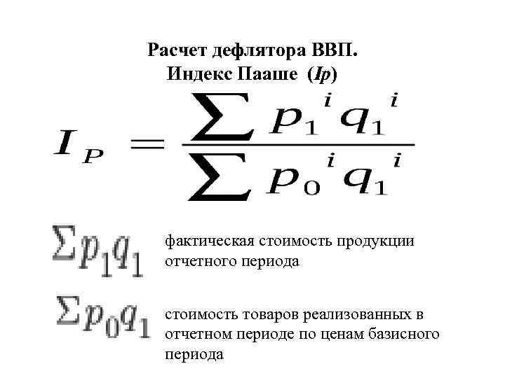 Расчет дефлятора ВВП. Индекс Пааше (Ip) фактическая стоимость продукции отчетного периода стоимость товаров реализованных