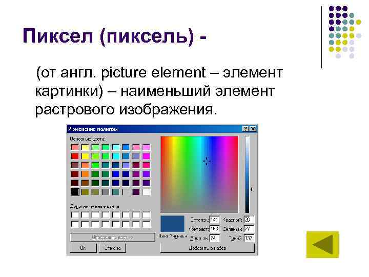 Пиксел (пиксель) - (от англ. picture element – элемент картинки) – наименьший элемент растрового