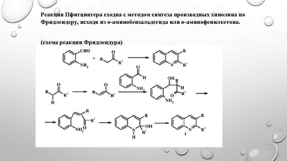 Реакция Пфитцингера сходна с методом синтеза производных хинолина по Фридлендеру, исходя из o-аминобензальдегида или