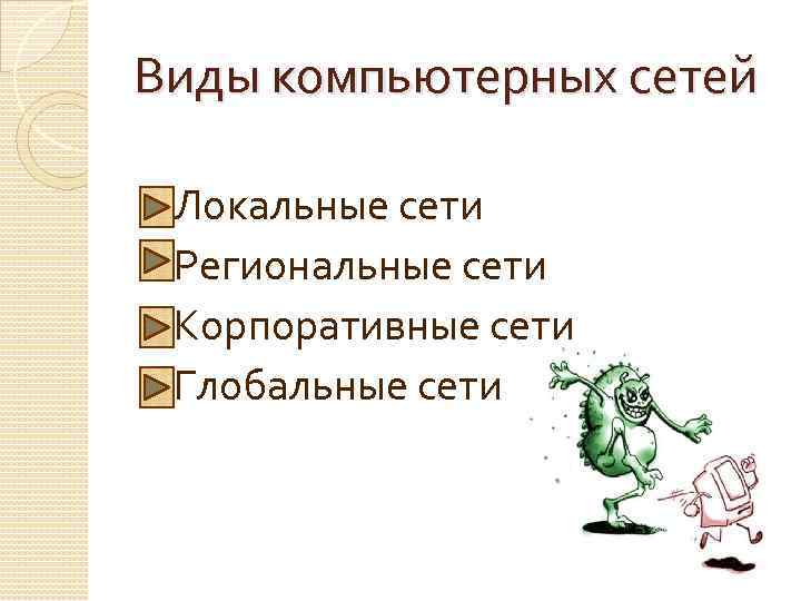 Виды компьютерных сетей Локальные сети Региональные сети Корпоративные сети Глобальные сети 