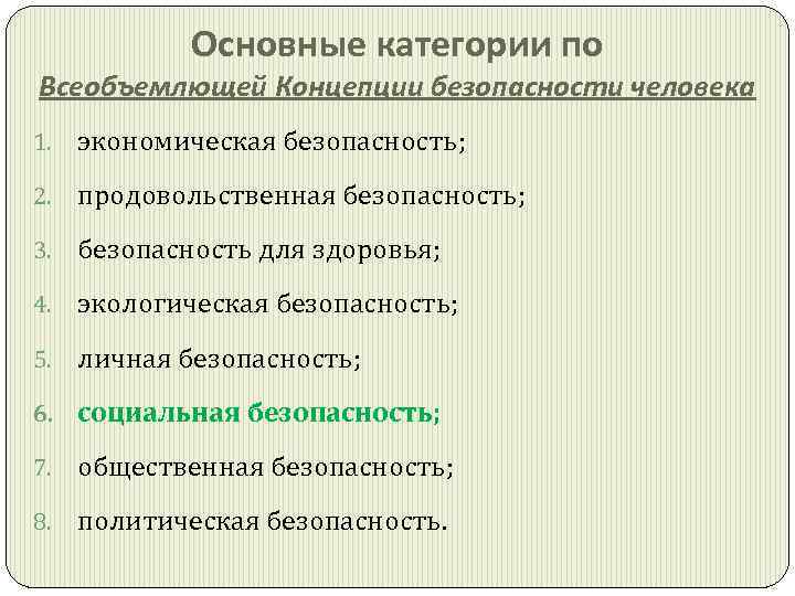 Основные категории по Всеобъемлющей Концепции безопасности человека 1. экономическая безопасность; 2. продовольственная безопасность; 3.