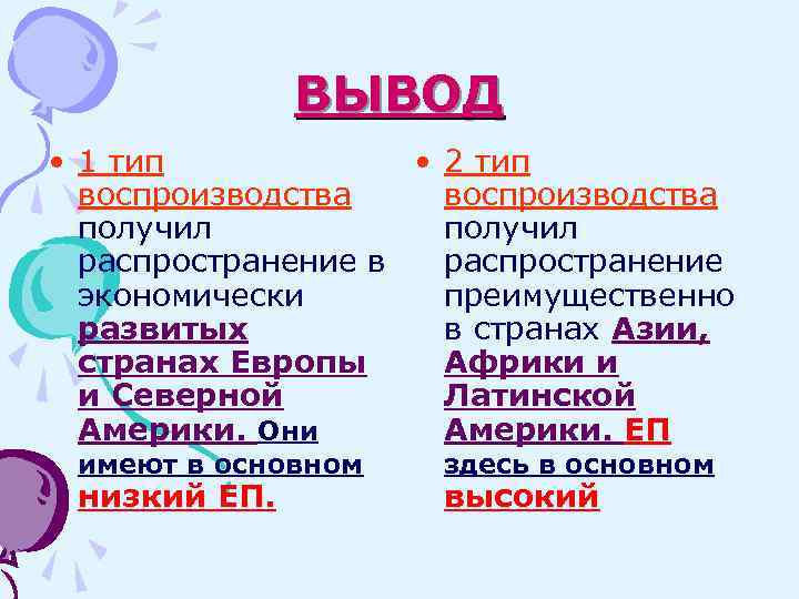 ВЫВОД • 1 тип • 2 тип воспроизводства получил распространение в распространение экономически преимущественно