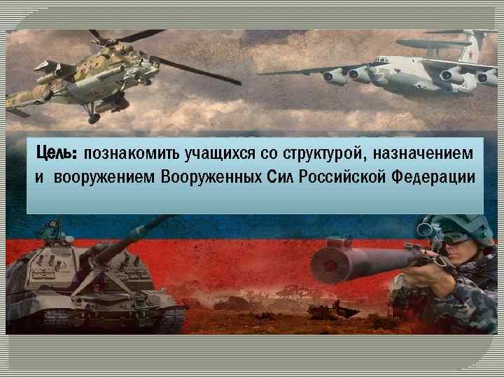 Цель: познакомить учащихся со структурой, назначением и вооружением Вооруженных Сил Российской Федерации 