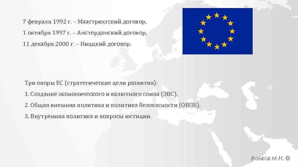 7 февраля 1992 г. – Маастрихтский договор, 1 октября 1997 г. – Амстердамский договор,