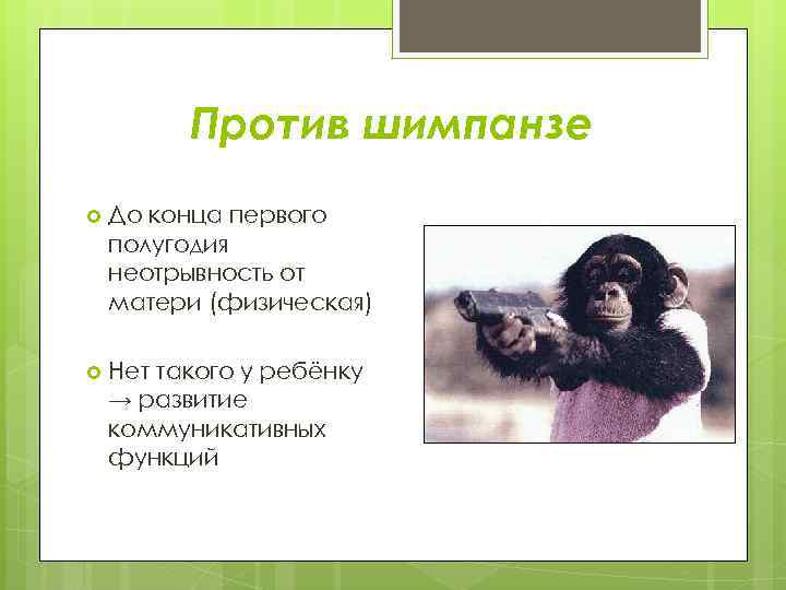 Против шимпанзе До конца первого полугодия неотрывность от матери (физическая) Нет такого у ребёнку