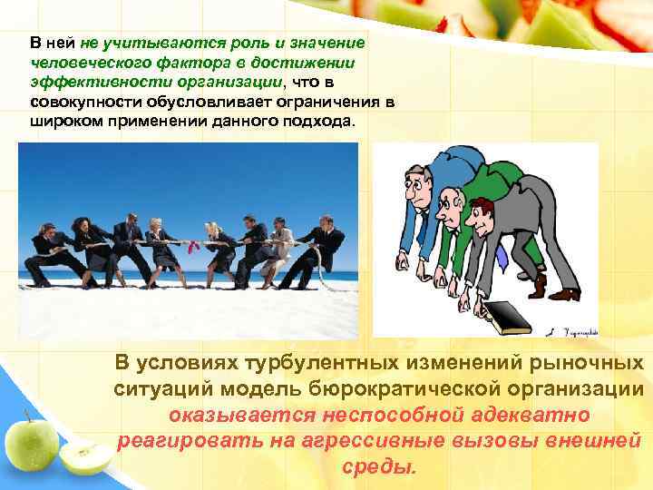 В ней не учитываются роль и значение человеческого фактора в достижении эффективности организации, что