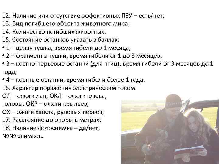 12. Наличие или отсутствие эффективных ПЗУ – есть/нет; 13. Вид погибшего объекта животного мира;