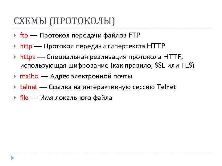 СХЕМЫ (ПРОТОКОЛЫ) ftp — Протокол передачи файлов FTP http — Протокол передачи гипертекста HTTP