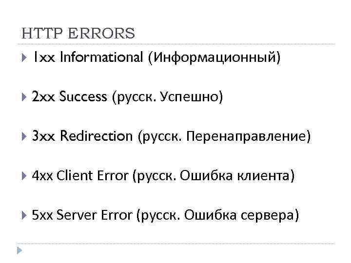 HTTP ERRORS 1 xx Informational (Информационный) 2 xx Success (русск. Успешно) 3 xx Redirection