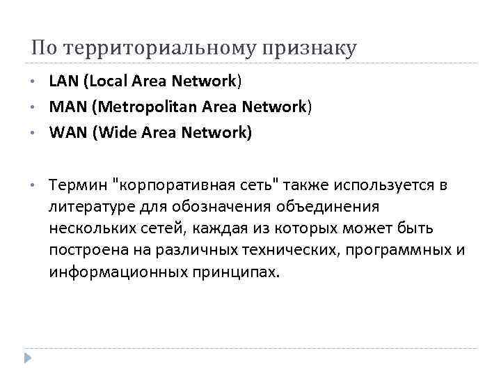 По территориальному признаку • • LAN (Local Area Network) MAN (Metropolitan Area Network) WAN