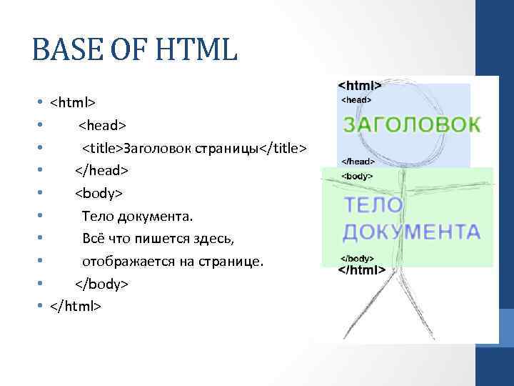 BASE OF HTML • <html> • <head> • <title>Заголовок страницы</title> • </head> • <body>