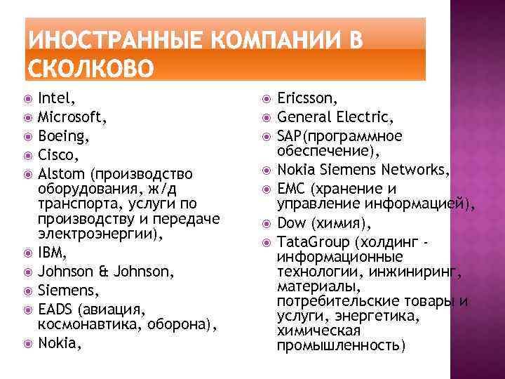  Intel, Microsoft, Boeing, Cisco, Alstom (производство оборудования, ж/д транспорта, услуги по производству и