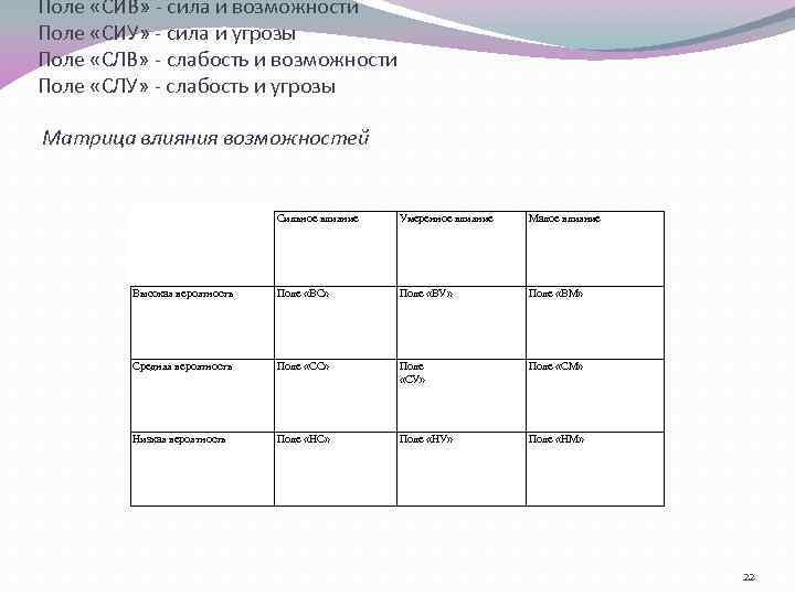 Поле «СИВ» - сила и возможности Поле «СИУ» - сила и угрозы Поле «СЛВ»