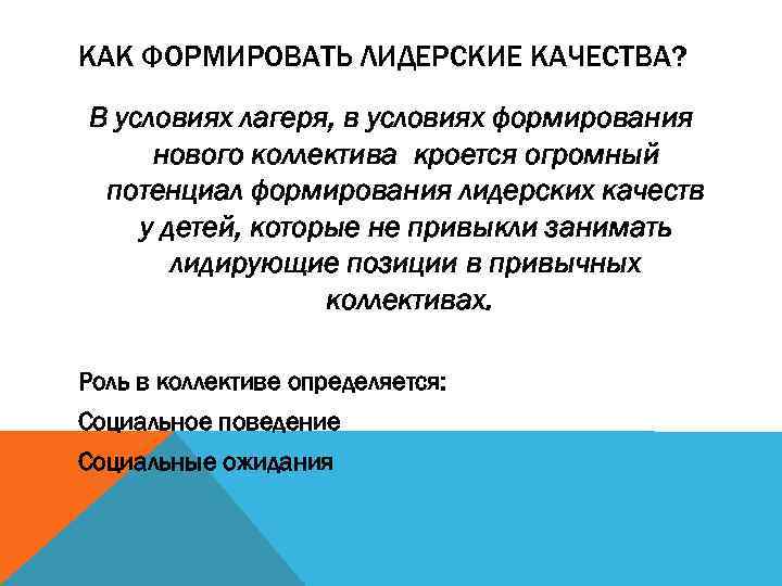 КАК ФОРМИРОВАТЬ ЛИДЕРСКИЕ КАЧЕСТВА? В условиях лагеря, в условиях формирования нового коллектива кроется огромный