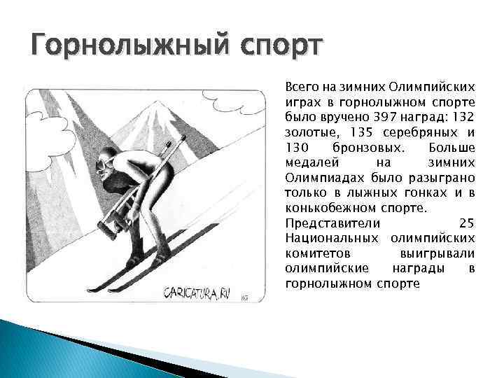 Горнолыжный спорт Всего на зимних Олимпийских играх в горнолыжном спорте было вручено 397 наград: