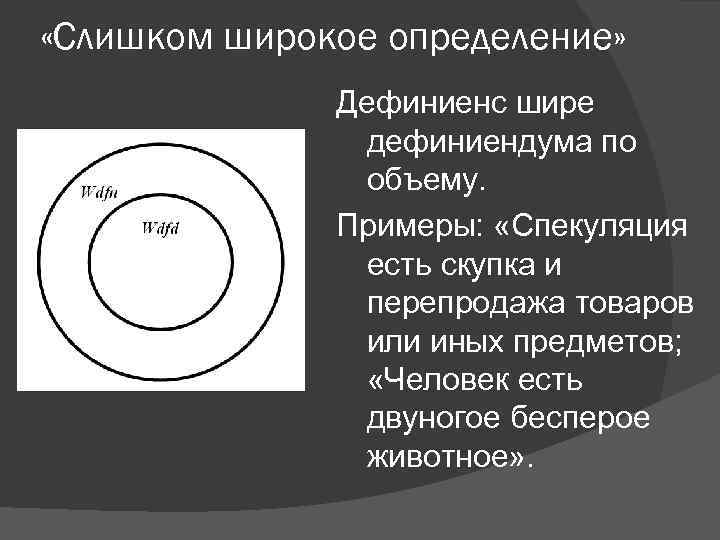 Широкое определение. Слишком широкое определение пример. Дефиниендум и дефиниенс. Слишком широкое определение в логике. Дефиниенс может состоять из:.