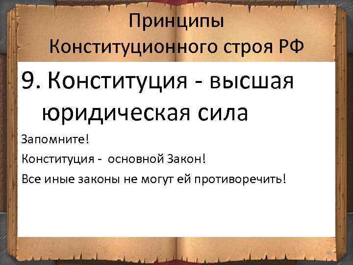 Принципы Конституционного строя РФ 9. Конституция - высшая юридическая сила Запомните! Конституция - основной