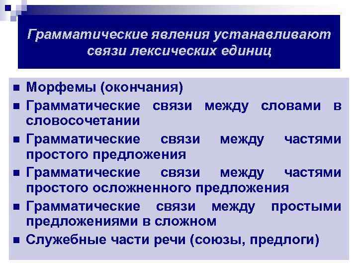 Грамматические явления устанавливают связи лексических единиц n n n Морфемы (окончания) Грамматические связи между