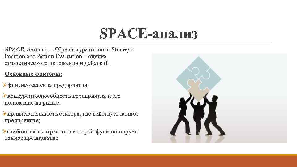 SPACE-анализ SPACE–анализ – аббревиатура от англ. Strategic Position and Action Evaluation – оценка стратегического